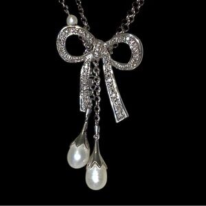 925 SILVER SET RIBBON BOW DROP NECKLACE & EARRINGS with DIAMONDS & PEARL ACCENTS